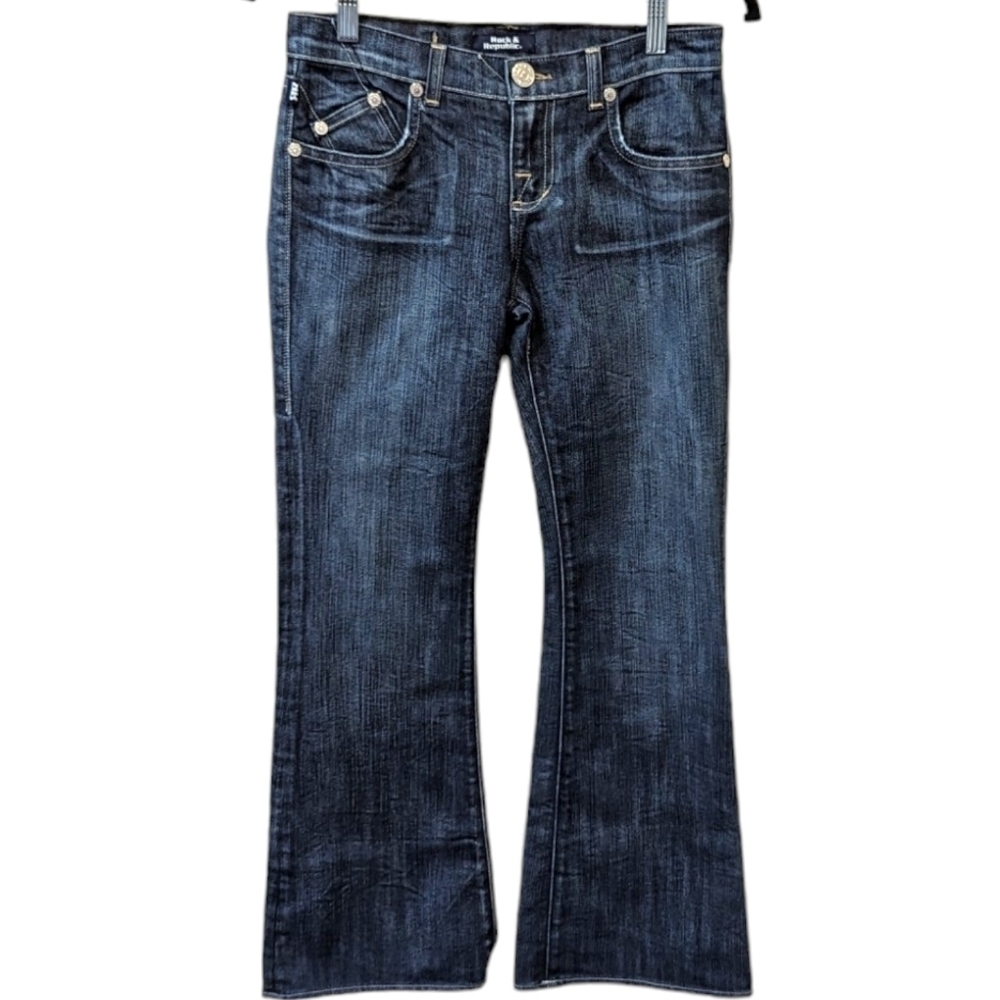 Rock & Republic Stevie Darker Wash Low Rise Flare Distressed Jeans (28)